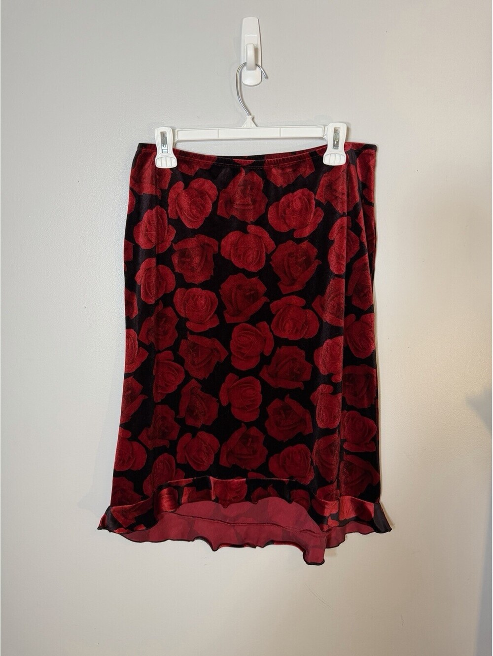 Hot Kiss Velvet Rose Midi Skirt Large EUC VTG Grunge Red Black Ruffle Goth